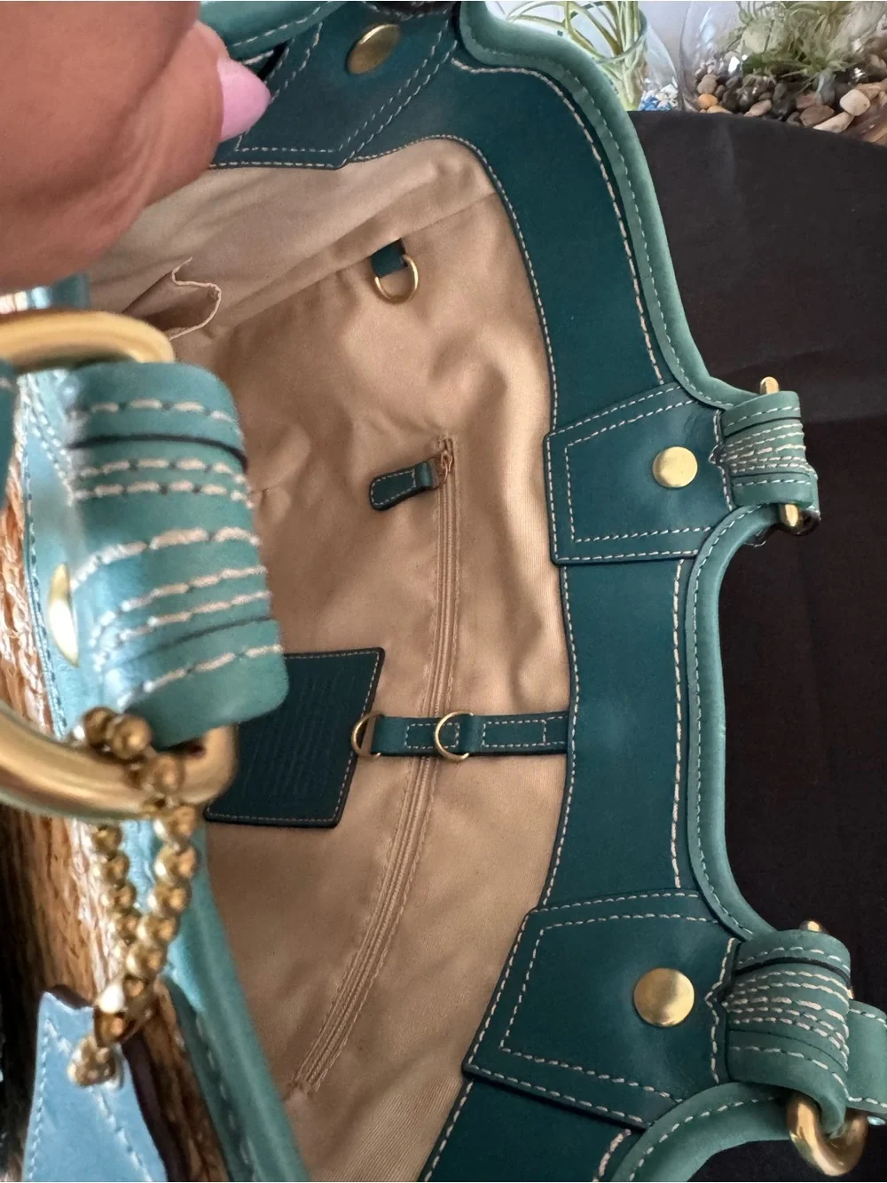 💚Coach Bleecker Straw Tote Teal Leather Flower Charm ☀️_11
